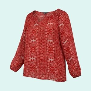 Daisy Fuentes Women's Red White M Floral Print V-Neck Long Sleeve Blouse